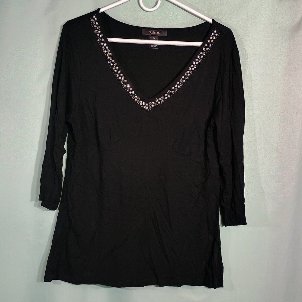 Style & Co Women’s Black Embellished V-Neck 3/4 Sleeve Top – Rhinestone Blouse